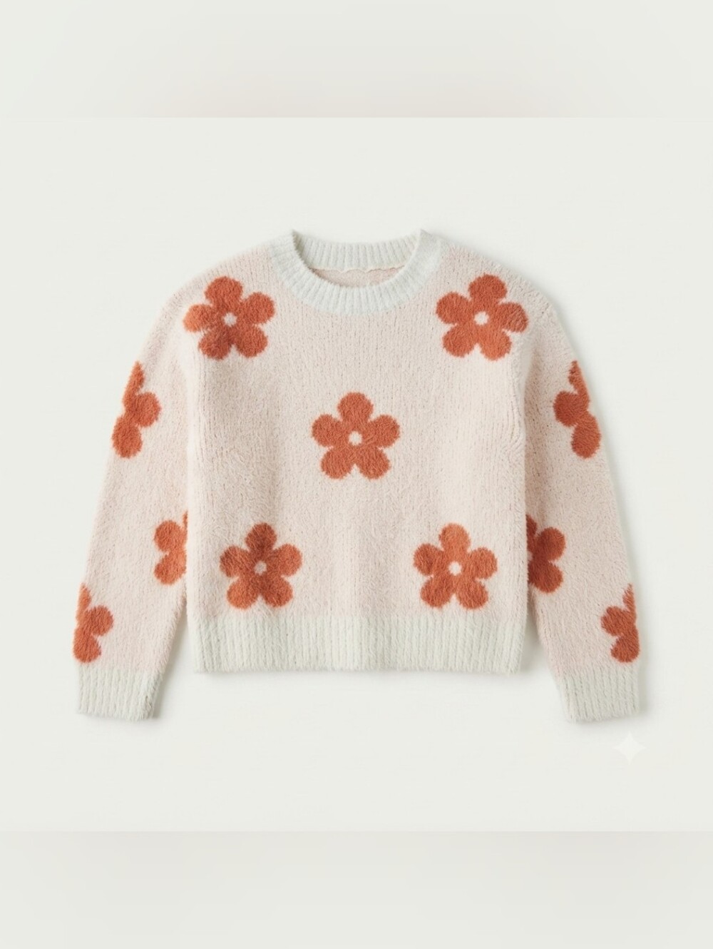 Girls' Cream & Orange Floral Fuzzy Crewneck Sweater Size 8